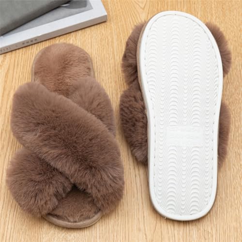 Image of Enteer Women's Slipper Memory Foam Cross Band Fuzzy Slippers Open Toe Cozy House Slippers Cozy Plush Bedroom Indoor Outdoor