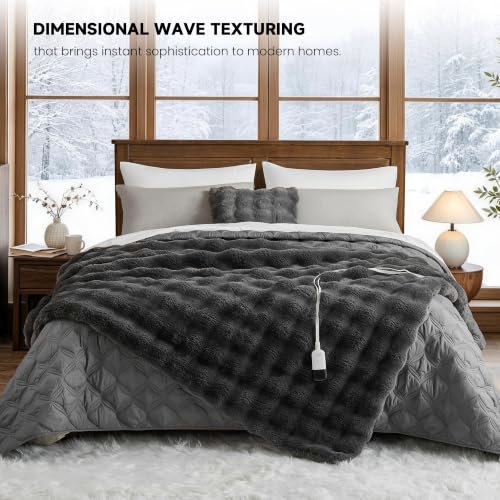 SMRISS Heated Blanket Faux Rabbit Fur Bubble Electric blanket ,Grey,50"x62" | Certified by ETL/UL,FCC,12 Heat Levels,5 Time Settings(Up to 8H)Auto-Off,Overheat Protection,Machine Washable,Elegant Package - image 7