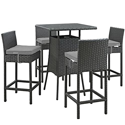 Image of BRISHI Outdoor Bar Set Garden Patio Bar Set 1+4 4 Chairs and Table Set Balcony Bar Table with Stool Set (Black)