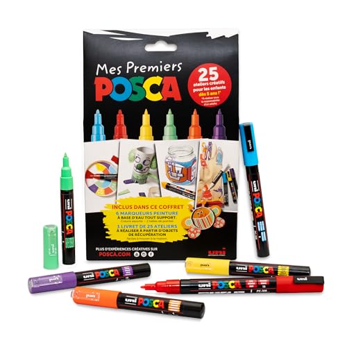POSCA - Uni Mitsubishi Pencil - Coffret Mes Premiers 6 Marqueurs Peinture, Base Eau - 4 PCM1C Pointe Extra Fine, 2 PC3M Pointe Fine, 1 Livret de 25 Ateliers Créatifs - Emballage Zéro Plastique