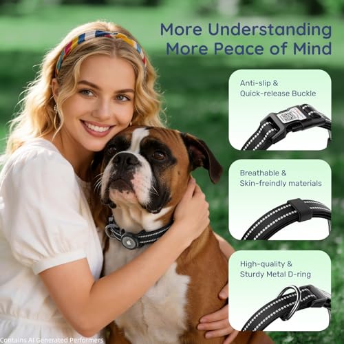 Image of Reflective Dog Collar with AirTag Holder, Waterproof Dog Collar with QR Code, Heavy Duty Adjustable Pet Collar for Small Medium Large Dogs, Black