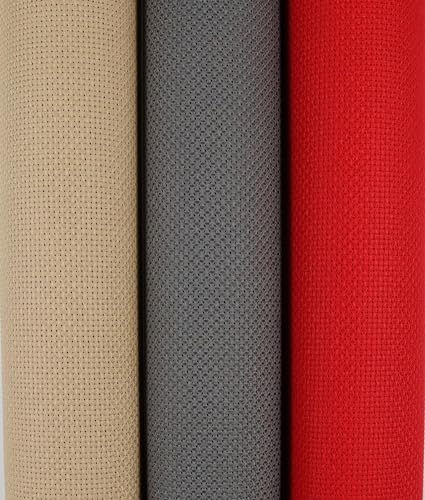 Image of KCS 3 pc of 15 inch x 18 inch(38cmx45cm) Counted Cross Stitch Cotton Aida Cloth Needlework Rolled Fabric Box,14CT,Red+Khaki+Dark Grey