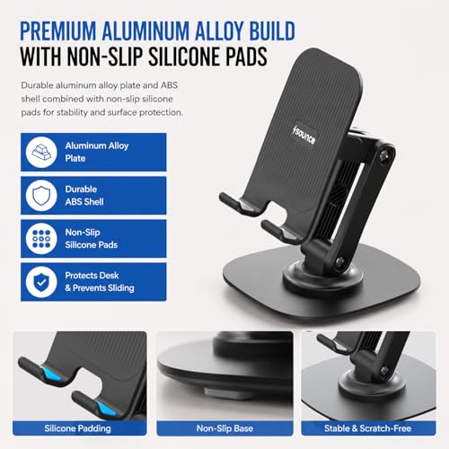 Image of Sounce 360 Rotatable Foldable Mobile Phone Holder | Adjustable Height Desk Stand with Metallic Base & Anti-Skid Pad | Compatible with All Smartphones, Tabletop, Tablets, iPad, Kindle (Black)