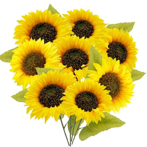Lunyloer Lot de 8 tournesols artificiels - 30 cm - Fleurs en soie - Décoration pour arrangement floral - Bouquet de mariage - Décoration de table - Maison -...