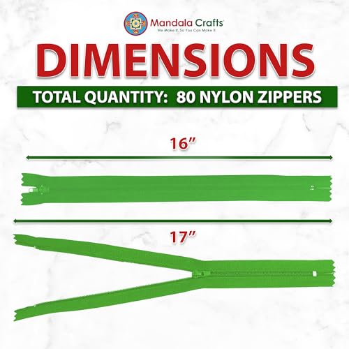 Image of Mandala Crafts 80 PCs Green Closed-End 16 Inches Nylon Zippers for Sewing