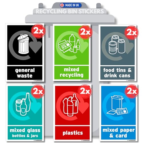 Recycling Stickers for Bins 12x pack - 6 Design 100mm x 150mm Self-Adhesive Vinyl Stickers Waterproof Decals Indoor Outdoor Recycle Signs Food Waste Made in UK.