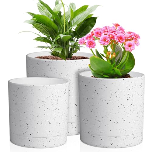 Meowell 6/5/4 inch Plant Pots, 3 Pack Cylinder Flower Pots for Small Indoor Outdoor Plants, Plastic Planters with Drainage Holes and Saucers for Garden Succulent House Plants, Speckled White