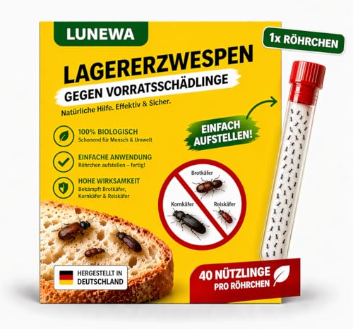 LUNEWA Lagererzwespen - 1 Röhrchen a 40 Nützlinge - Brotkäfer bekämpfen und Kornkäfer bekämpfen - für warme und kühle Temperaturen Alternative zu Brotkäferfalle 100% Chemiefrei
