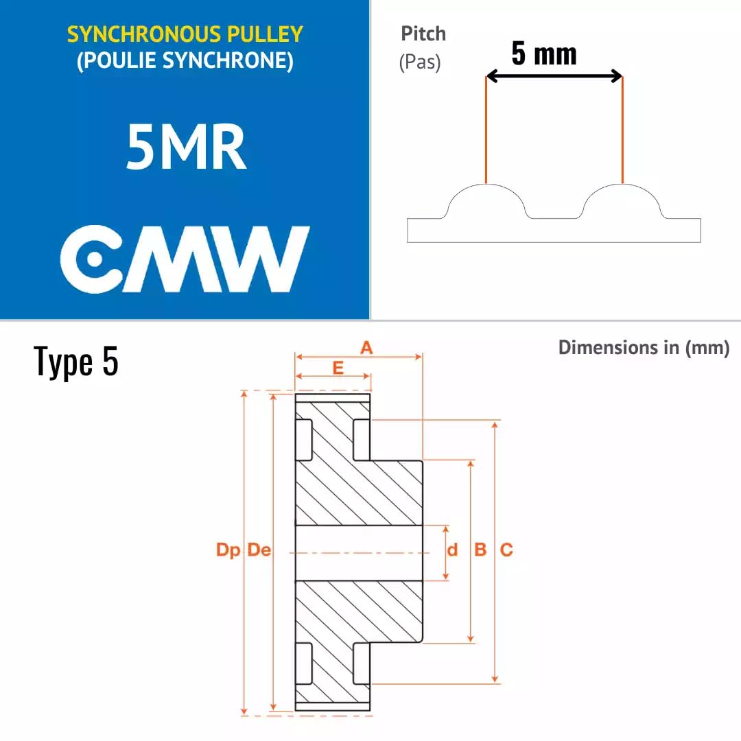 CMW - 5MRZ072-009 - Poulies synchrones - Profil GT - Section 5MR - Pré alésée (8mm) - 72 dents - Pas de 5 mm - Aluminium