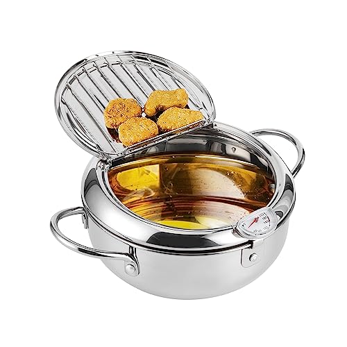 304 Roestvrij Staal Frituurpan Friteuse Pan, Tempura Friteuse met Thermometer, Deksel en Olie Afdruiprek, Japanse stijl Tempura Frituurpan voor Keuken Frites, Vis, Garnalen en Knapperig Vlees