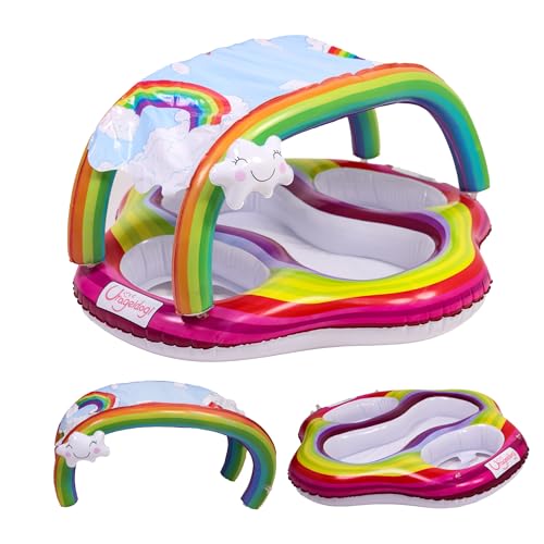 Inflatable Twin Baby Pool Float with Removable Canopy, Two Kids Double Seat Pool Floats with Easy Set Sun Shade for Two Children, Infant Twin Pool Floaties Rainbow Design