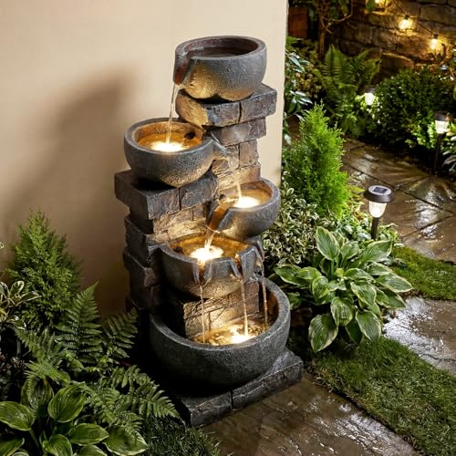 Giantex 33'' Water Fountain Outdoor, 5-Tier Cascading Stacked Stone Bowl Waterfall Fountain with LED...
