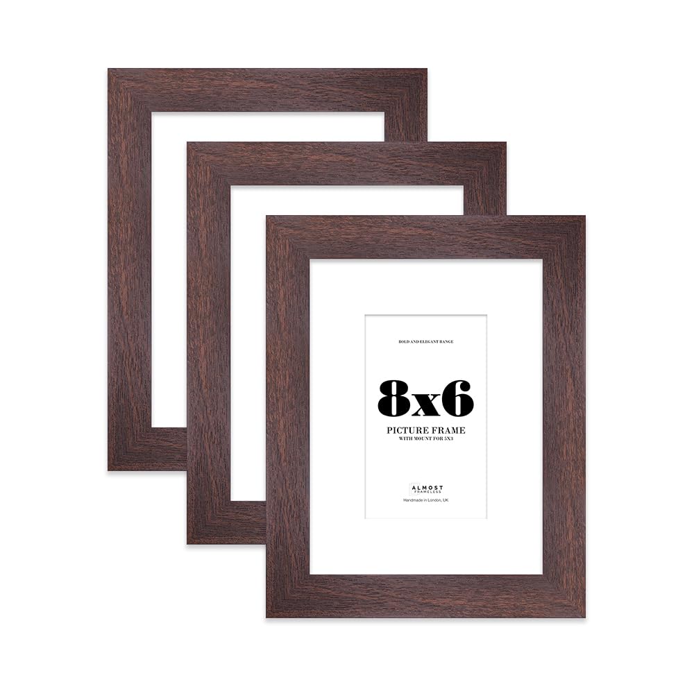 8x6" Walnut Frame With Mount for 5x3" Pictures 28mm Edge Portrait and Landscape Display with Wall Hooks and Kickstand, 3 Pack