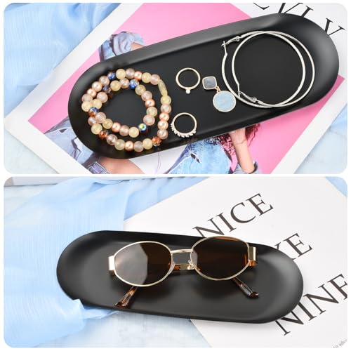 2 Stück Deko Tablett Edelstahl, Serviertablett Metall Oval 23 x 9,5 cm, Schmuck Tablett Klein, Ablageschale Keramik Schwarz für Desserts, Kosmetik, Schmuck, Kerzen, Schlüssel (Schwarz)