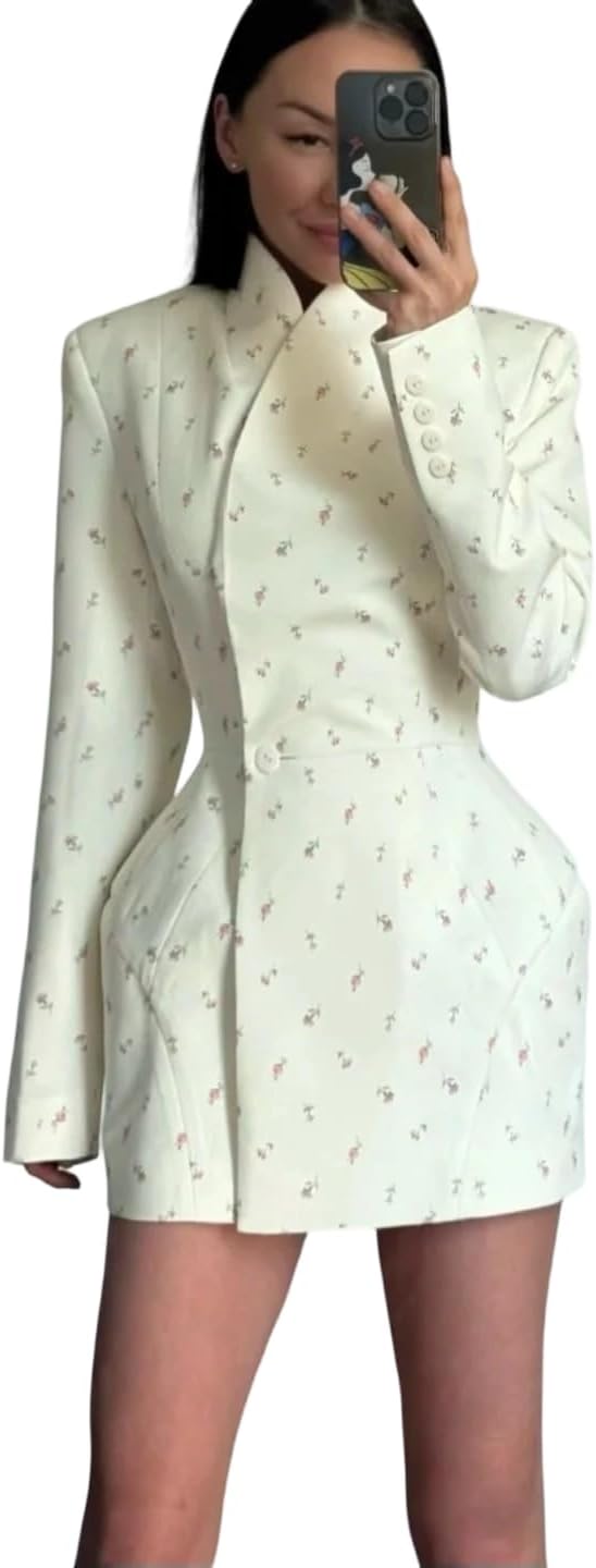 Women's Solid Color Waist-Cinching Floral Padded Shoulder Long Sleeve Single-Breasted Elegant Suit Jacket