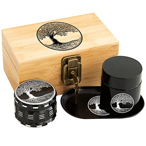 Kozo Tree of Life Display Storage Wood Box Combo Kit with Aluminum 2.5" Grinder, Tray, Storage Jar with Airtight Seal and a Lock with Keys. A Padded Wooden Box Set with the Accessories You Need