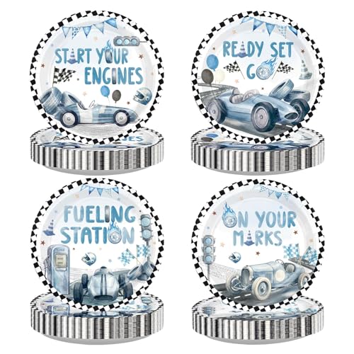 Image of 60 Pcs Vintage Race Car Paper Plates 9 inch Heavy Duty | Blue Race Car Birthday Plates Disposable Start Your Engines Dinner Platters for Baby Shower Birthday Party Supplies Decor