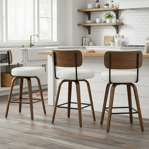 Image of Swivel Bar Stools Set of 2, 30 inch Upholstered Bar Height Stools with Back and Walnut Wood Legs, Faux Leather Barstools for Kitchen Counter, White