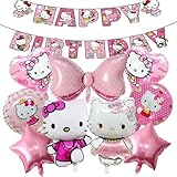 Cartoon rosa Katze Geburtstagsdekoration, 10 Stück Mädchen Geburtstag Aluminiumfolie Ballon Dekoration Enthält Rosa Schleife ballon, Runden, Fünfzackiger Stern, Katzenform, Liebesballon, Banner