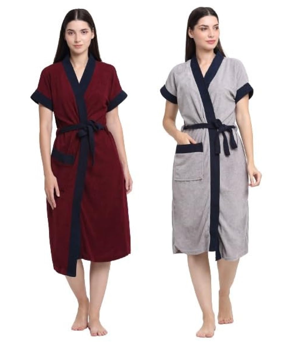 Premium Micro Terry Half Sleeve Free Size Unisex Adult Bathrobe Combo (2 pcs Bathrobe, Maroon & Lgrey)-image-12