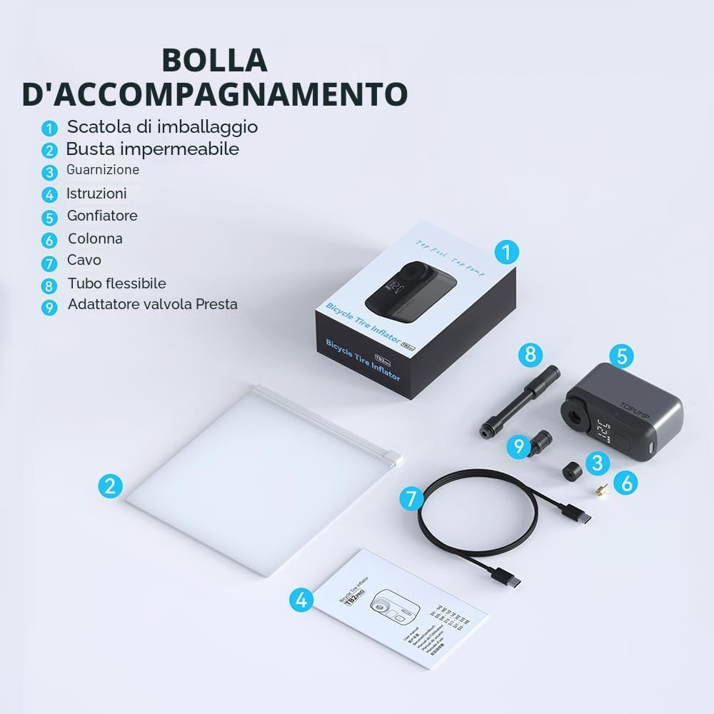 TOPUMP Mini Pompa Elettrica per Bicicletta 120 PSI con Manometro, Valvola Presta e Schrader, Auto Stop
