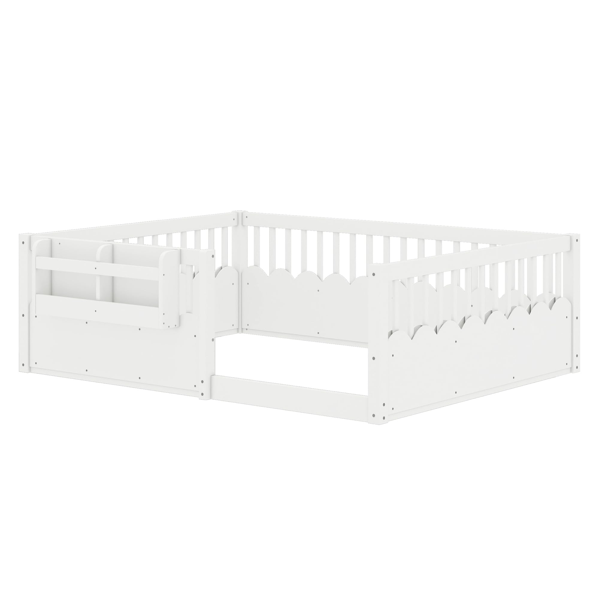 Full Size Floor Bed with Bookshelves, Wood Kids Floor Bed with Upgraded Guardrails and Slats, Montessori Floor Bed Frame for Kids, Boys, Girls, Childlike and No Spring Box Needed Design, White