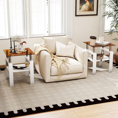 Image of Meihua Glass End Table, Square Glass Side Table, 2-Tier Modern Nightstand with Metal Legs for Living Room&Bedroom (Brown+White, Set of 2)