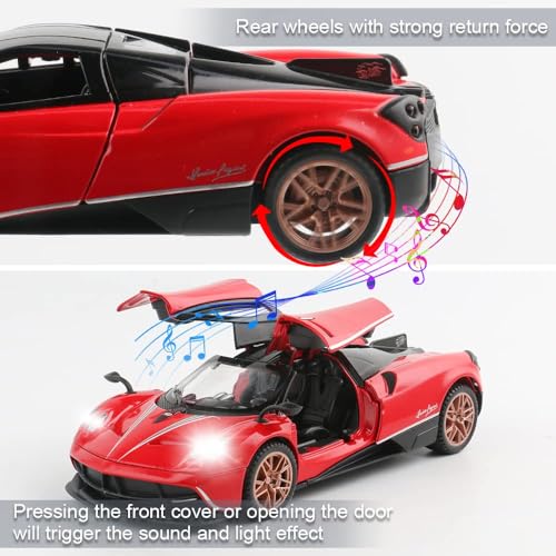 Image of 1 /32 Pagani Huarya Roadster Exclusive Alloy Metal Pull Back Die-Cast Toy Car with Openable Doors & Light Music Collectible Sound Light Toy for Kids Best Birthday Gift (Red)