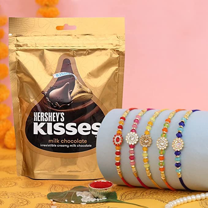 UNIQUE Rakhi Gift for Brother Combo with Chocolate - Premium Set of 5 Rakhi for Brother Bhaiya with Hershey Kisses Chocolates and Roli Chawal