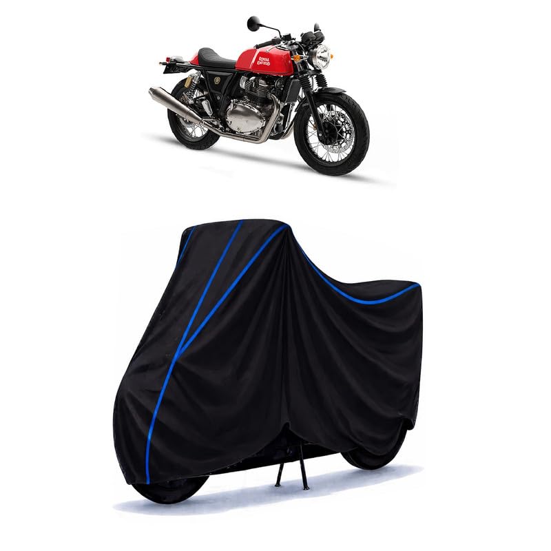 Image of Continental GT 650 BS6 Bike Cover Water Resistant Universal Motorcycle Rain | Heavy Duty UV Protection, Dust, Scratch Indoor Outdoor All Weather with Black Blue Piping Elastic