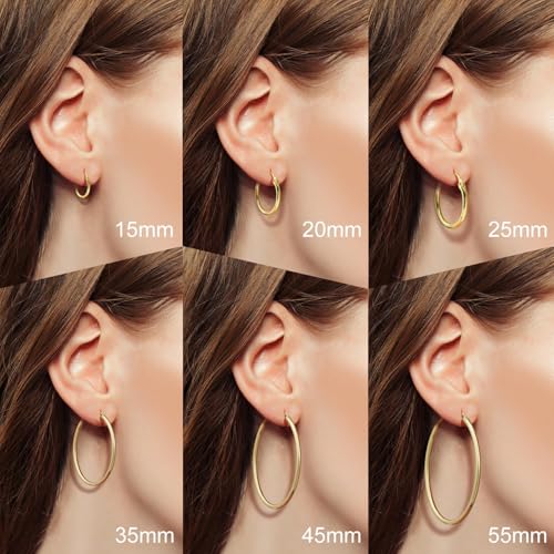 14K Gold Hoop Earrings for Women 14K Gold Earrings Classic Shiny Polished Round Big Hoop Earring for Women Hypoallergenic Womens Earring Hoops 15/20/25/35/45/55mm2