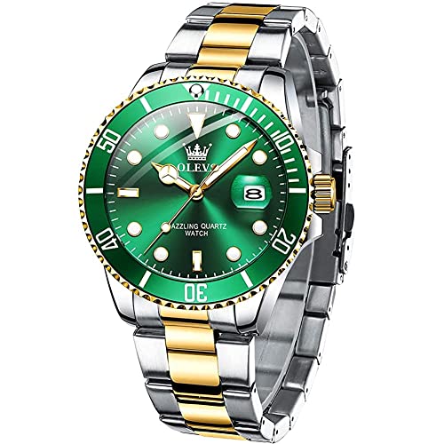 OLEVS Men's Watches, Luxury Two Tone Stainless Steel Men Wrist Watches with Date Luminous 30M Waterproof Fashion Classic Quartz Movement Green Dial Watch for Man,Relojes de Hombre
