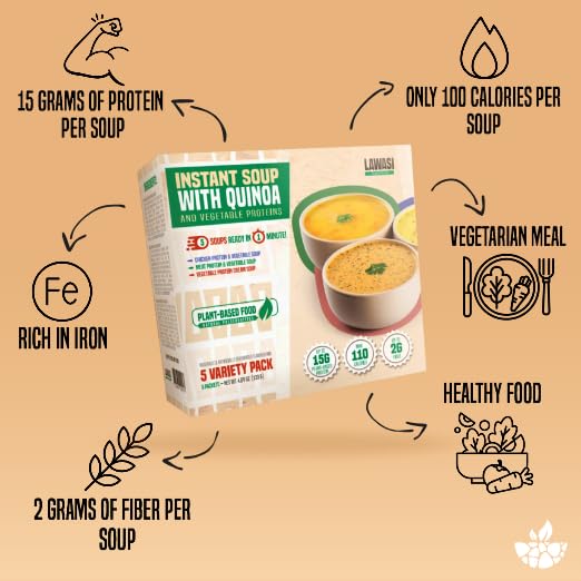 Lawasi Instant Healthy Soup – Quinoa & Vegetable Protein – 5 Packets, 3 Flavors – 15g Protein, 2g Fiber, 100 Calories – Non-GMO, Gluten-Free – Ready to Eat Superfood Meal