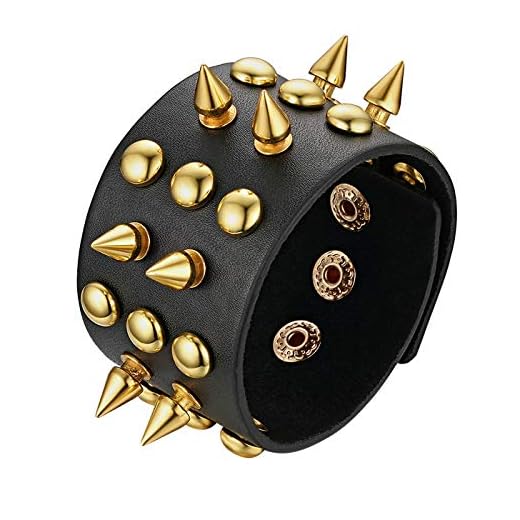 JewelryWe Spike Lederarmband Nietenarmband Herren: Schwarz Punk Breit Leder Armband Gold Nieten Kegelnieten Halloween Gothic Verstellbar Manschette Armreif Druckknopf Hip Hop Rock Schmuck Geschenk