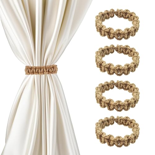 4Pcs Braided Curtain Tie Backs, Boho Curtain Tiebacks, Handmade Cotton Linen Rustic Style Curtain Ties, Elegant & Durable Tie Backs for Curtains, Perfect for Thin & Thick Home Window Drapes (Khaki)