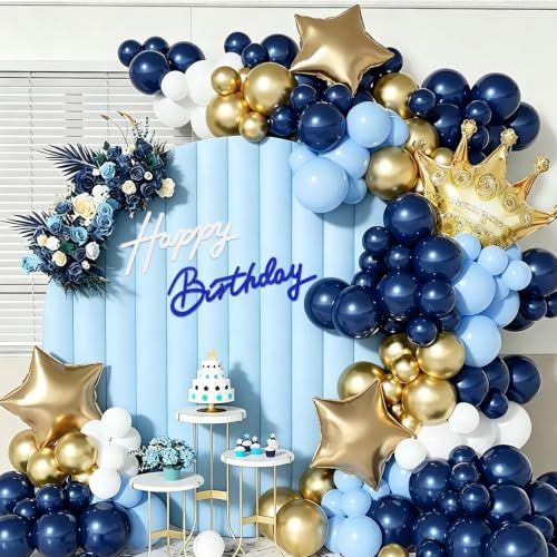 Image of TONIFUL Happy Birthday Sign for Backdrop - Glitter White Navy Blue Felt Banner - Includes Dot Glue - Perfect for Birthday Party Backdrop,Wall Decr,Balloon Arch,Photo Background