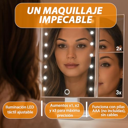 Weida | Espejo Maquillaje con Luz | Espejo Tríptico con Aumento x1 x2 x3 | con Iluminación LED Táctil | Tocador con Luz Plegable 34×30×18 cm | Funciona con Pilas AAA (No Incluidas) - imagen 2