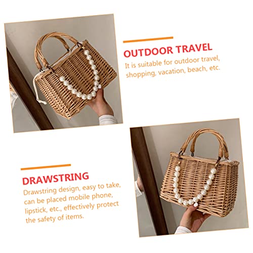 Portable Pearl Straw Handbag with Drawstring Closure Lightweight Beach Tote Bag for Women Stylish Summer Rattan Purse with Spacious Opening Family and Friends4