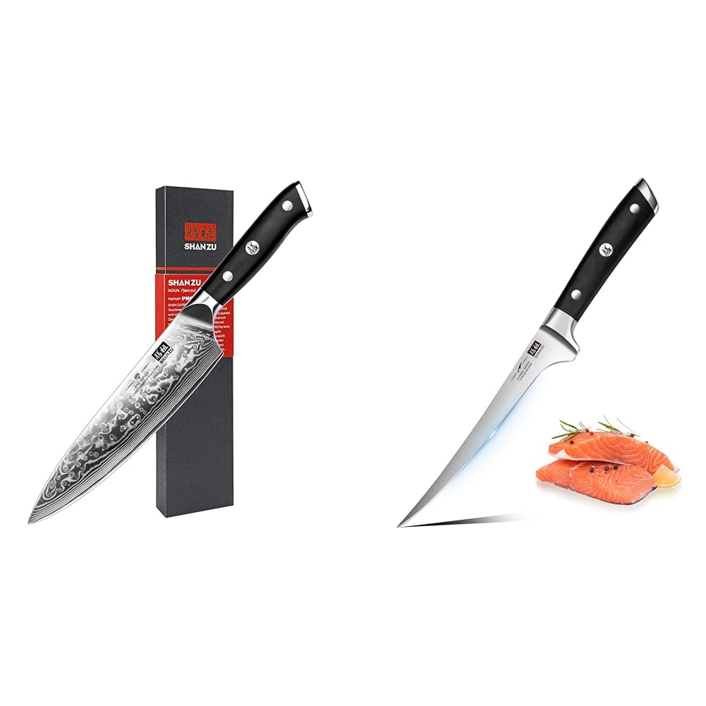 SHAN ZU Damastmesser Kochmesser 67 Schichten Damaststahl Küchenmesser mit G10 Griff 20CM - PRO Series & Filetiermesser 7 Zoll - Randentbeinung von Fisch und Fleisch, professionelles Fischmesser