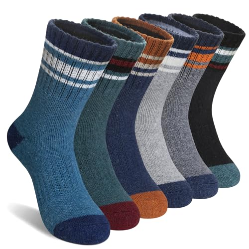 La Mejor Recopilación de Ropa de Acampada y marcha para Niño del mes. 43 AMENLAN - Calcetines de lana merino para senderismo para niños y niñas, calcetines gruesos para botas de invierno, 6 pares, Gris (Gray Stripes), 8-12 Años