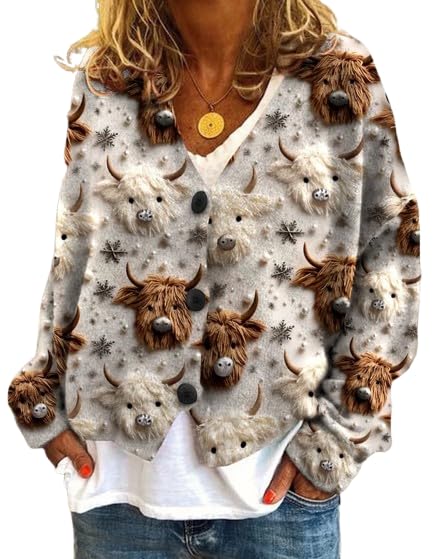 Women's V Neck Floral Print Cardigan Long Sleeve Button Down Lightweight Knit Sweater for Fall Winter Casual Wear​