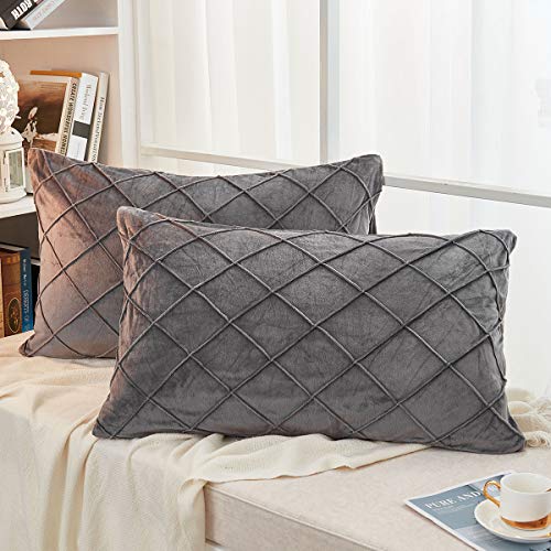 JAUXIO Diamond Pinch Pleated Crystal Velvet Pillowcases 2 Pack Solid Pintuck Throw Cushion Cover for Home Decor Hidden Zipper Closure (Dark Grey, King)