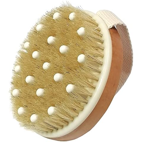Cepillo de cuerpo seco, cepillo de baño de cerdas naturales, cepillo de cuerpo para drenaje linfático, exfoliante, estimula la circulación sanguínea, elimina toxinas de la piel muerta y celulitis Cover