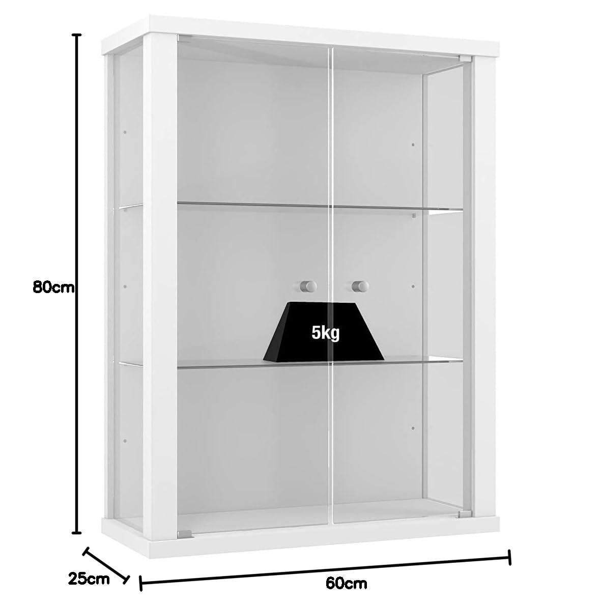 Vitrina de Cristal de en Blanco (80x60x25 cm) con 2 estantes de Cristal Ajustables en Altura - Vitrina para maquetas de Coches en Blanco - Vitrina de exposición