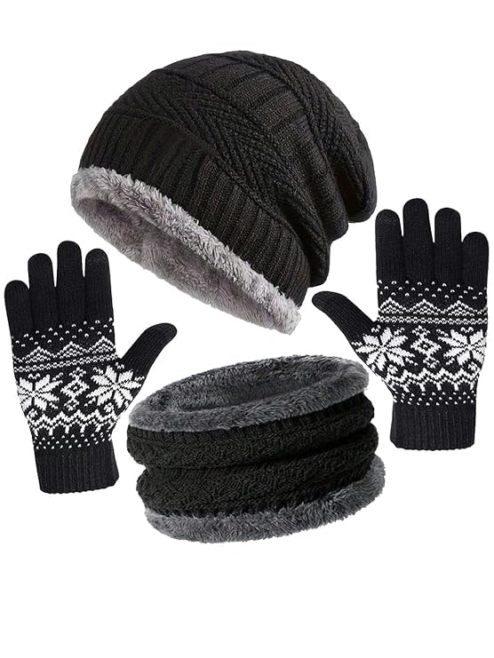 Men & Women 3 in 1 Woollen Fleece Beanie Hat, Neck Warmer, Gloves Thermal Double Layered Warm Cap, Scarf, Glove Set Winter Wear Black