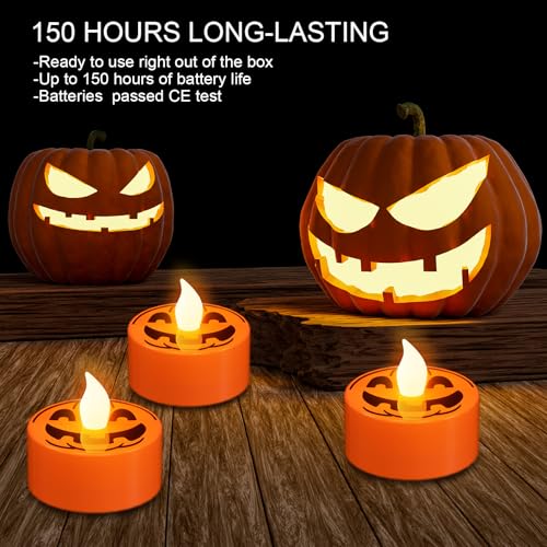 Image of Halloween Tea Lights Candles with 6H Timer, Pumpkin Flameless Candles with Ghost Face Flickering, LED Candles Battery Operated 12 Pack Φ 1.5 inch H 1.4 inch for Fall Halloween Decorations