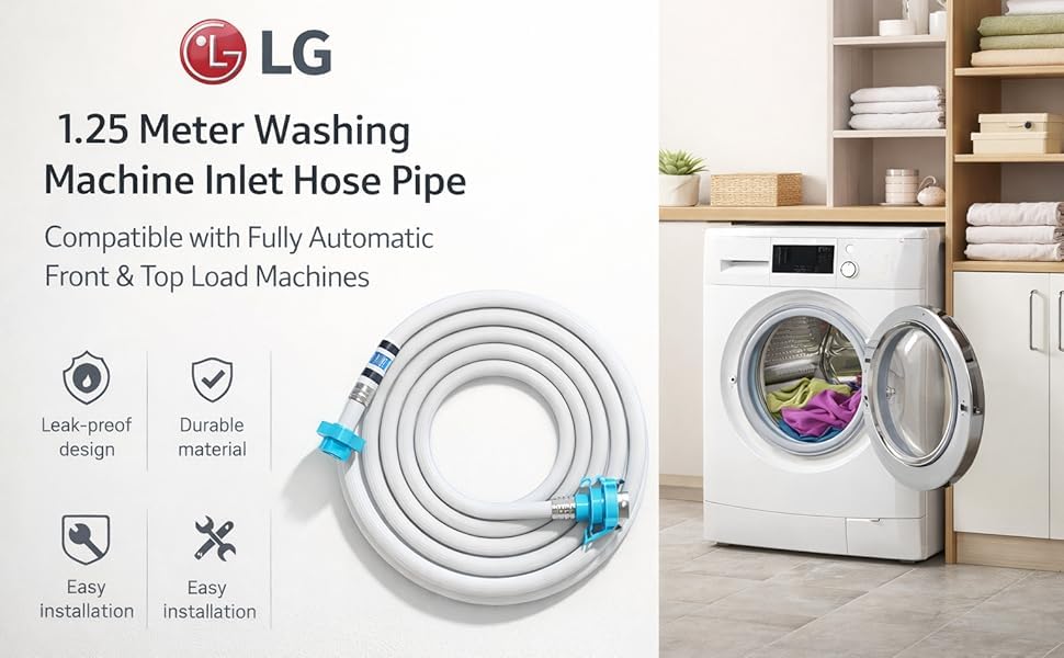 Image of LG 1.25 Meter Flexible Washing Machine Inlet Hose water pipe, with Tap adaptor Connector for Top & Front Load Fully Automatic Washing Machine (Part Code AAA77944201)