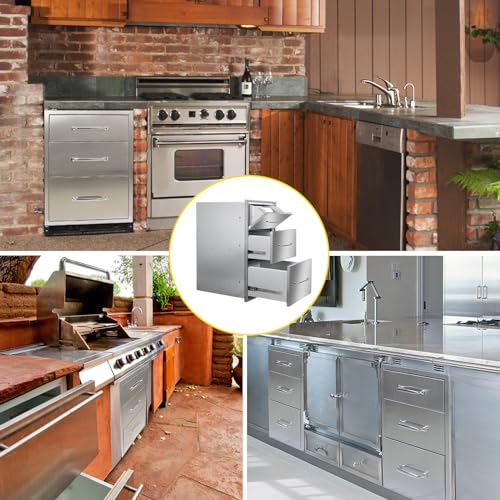 Image of Outdoor Kitchen Drawers with Paper Towel Holder 17 inch W x 30 inchH Flush Mount BBQ Drawers with Chrome Handle,Stainless Steel Built-in Triple Access Drawers for Outdoor Kitchen Island, Patio Grill Station