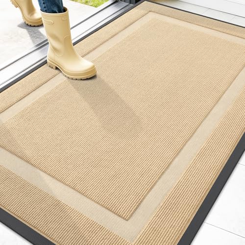 Image of OLANLY Front Door Mat Indoor Outdoor Entrance, Waterproof All-Season, All-Weather Doormat, Sturdy Natural Rubber, Fade Resistant, Low Profile, Easy Clean Patio Porch Entryway Mat, 47x30, Beige