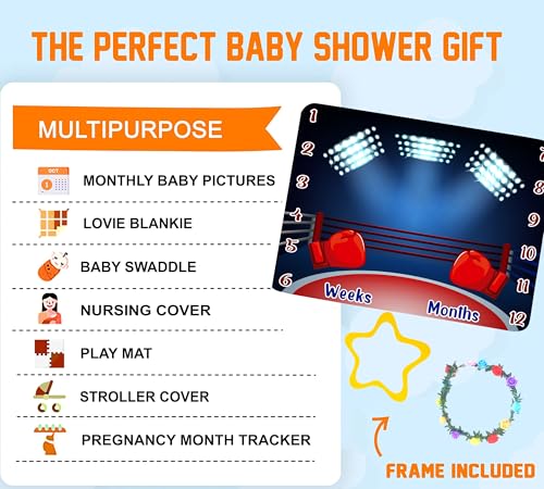 Image of Boxing Theme Baby Monthly Milestone Blanket, 60x40in Soft Flannel, Arena Lights Backgrounds, Newborn Mom Gifts, Boy Baby Shower Age Growth Tracker with Bonus Maker